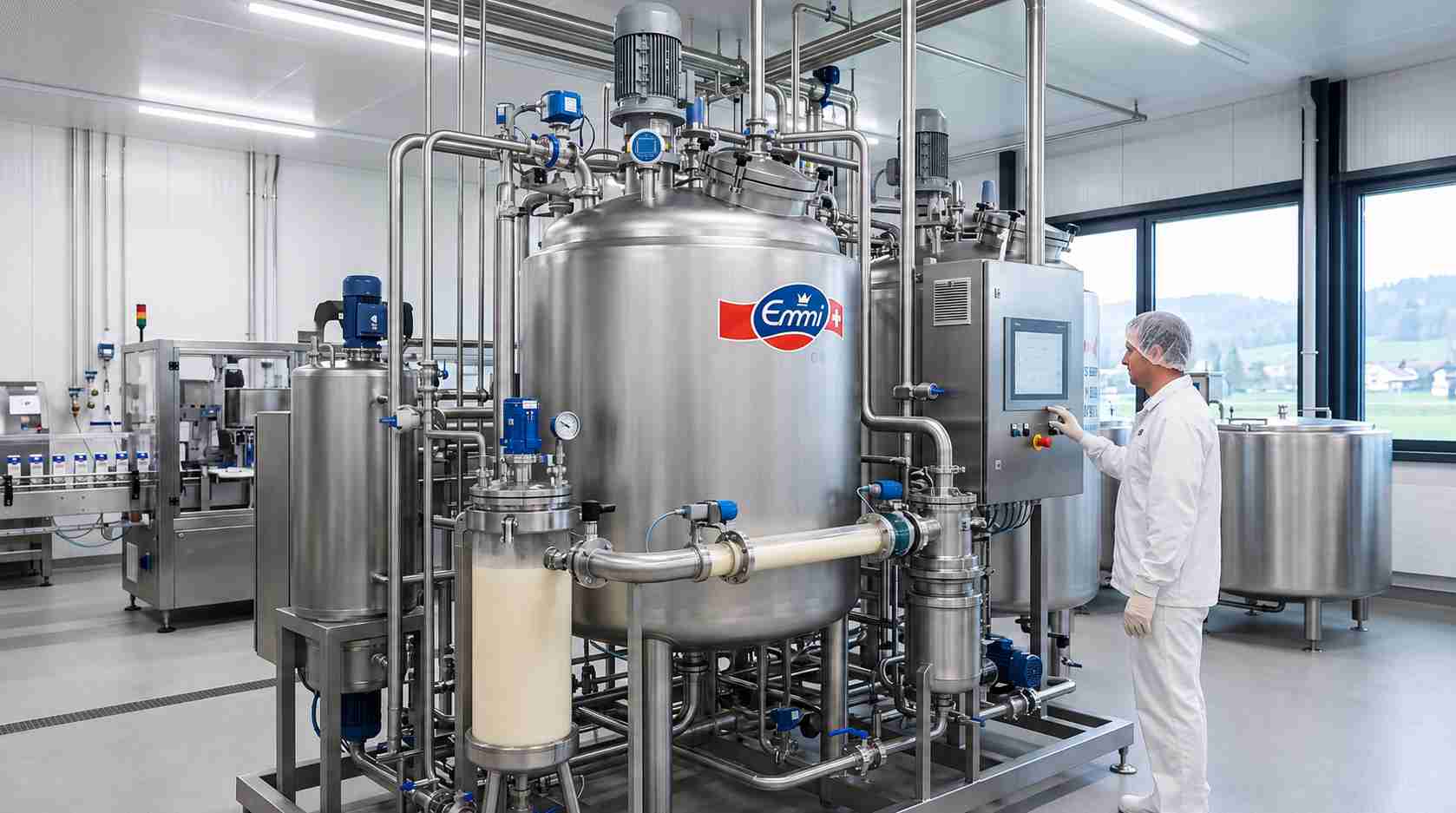 Emmi verfügt über hochmoderne Fermentierungsanlagen, die in Zukunft gar die Herstellung künstlicher Proteine ermöglichen könnten. Quelle: Gemini, editiert durch Autor.